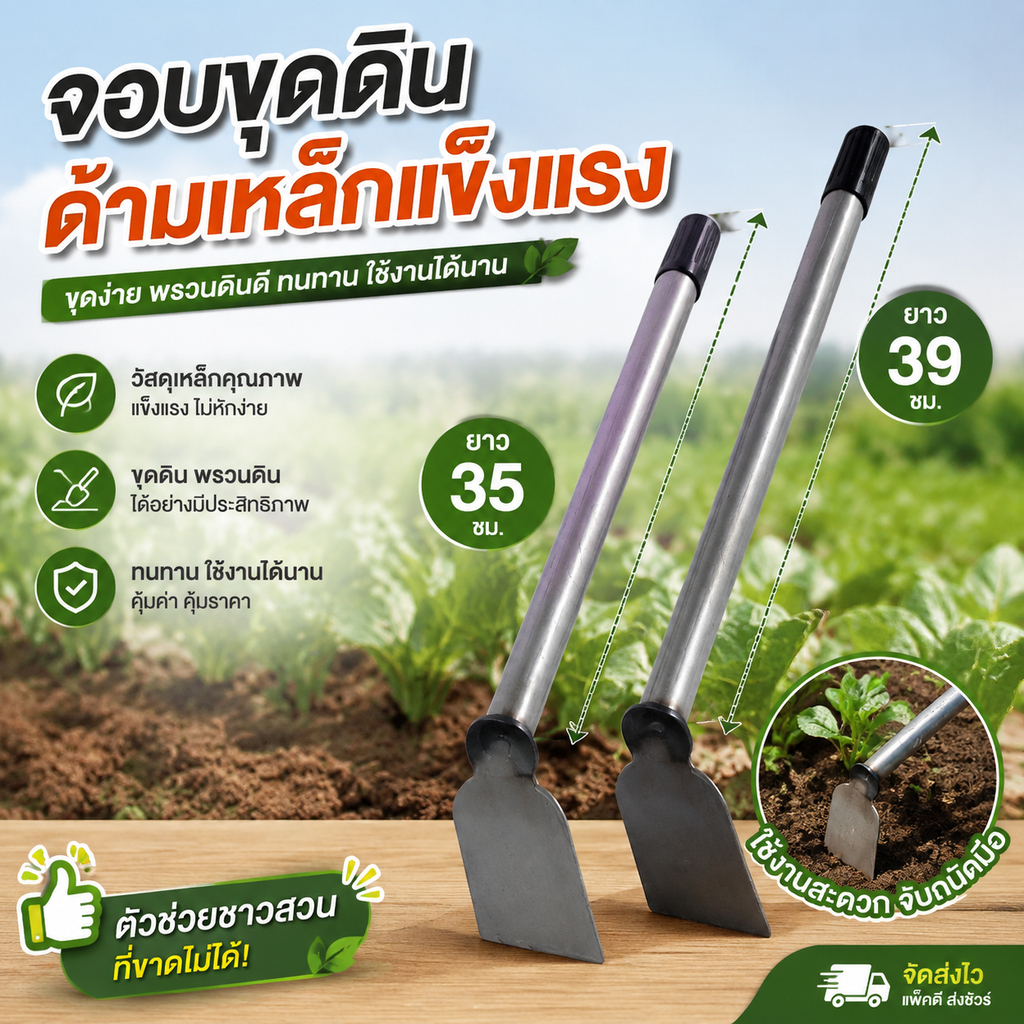 จอบเล็กจอบสั้นเหล็กแมงกานีส ด้ามแป๊บ แข็งแรง เหมาะขุดดิน สับปะรด ขนาด 35/39 ซม.