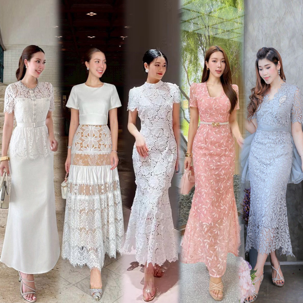 S-XXLชุดเดรสยาวหางปลาลูกไม้ แขนสั้น สีขาว/ชมพู/ฟ้า/เทา/น้ำตาล ใส่ไปงานบุญ งานบวชงานแต่ง