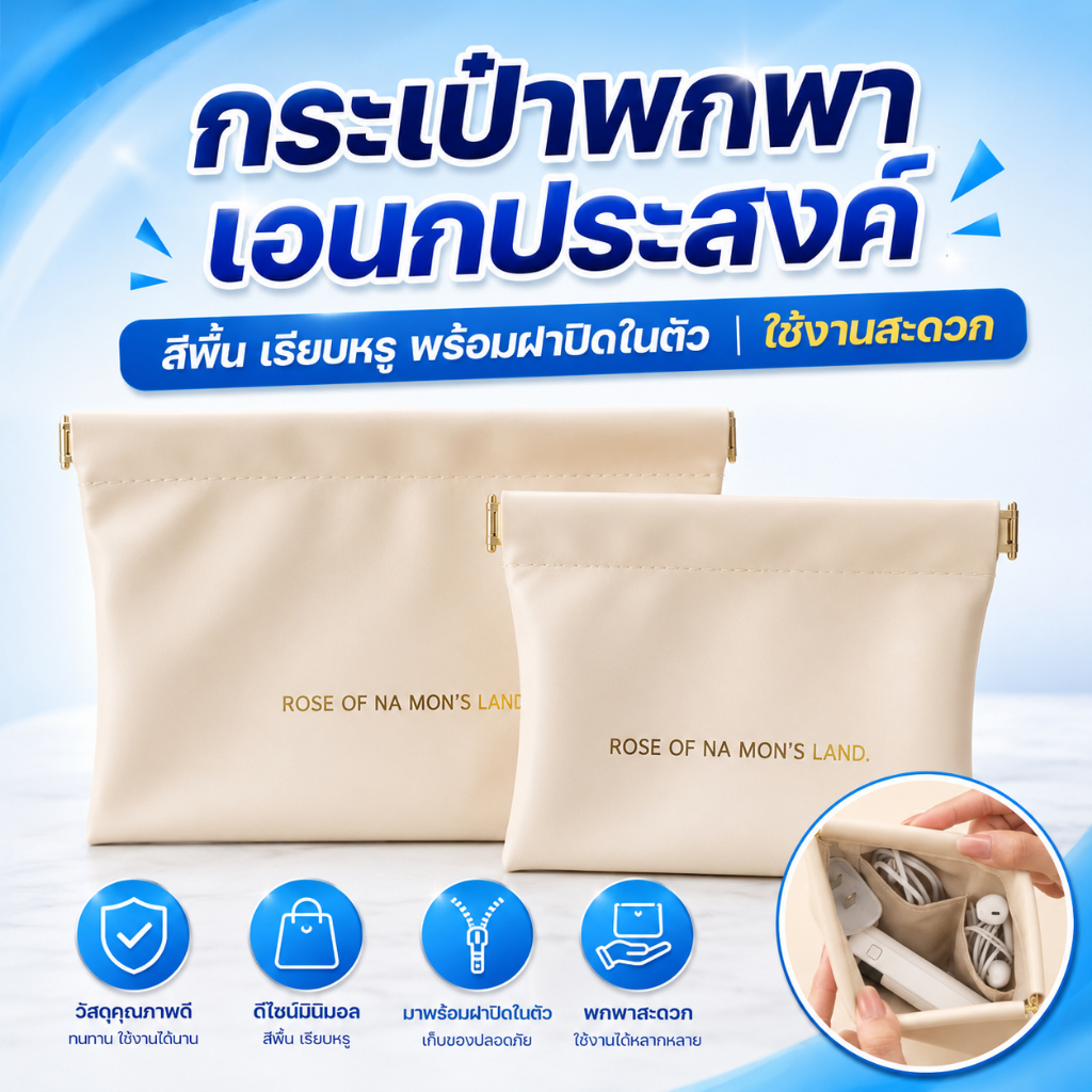 กระเป๋าพกพา เอนกประสงค์ กระเป๋าเก็บเครื่องสำอางค์ สีพื้น เรียบหรู พร้อมฝาปิดในตัว ใช้งานสะดวก