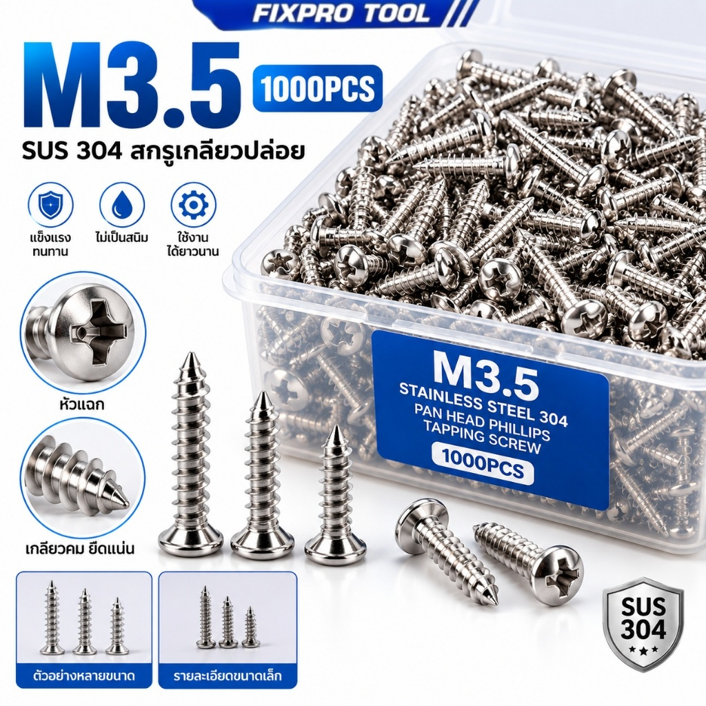สกรูเกลียวปล่อย #7x1 นิ้ว 3.5x25mm หัว F หัว P สกรูหัวจม สกรูหัวกลม ชุบนิกเกิล งานไม้ เฟอร์นิเจอร์ 1000ตัว