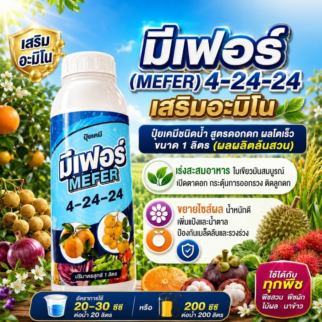 ( แพ็ค 6 ขวด ) ปุ๋ยน้ำ 4-24-24 มีเฟอร์ 1 ลิตร ปุ๋ยเร่งดอก บำรุงผล ขยายผล เพิ่มน้ำหนัก