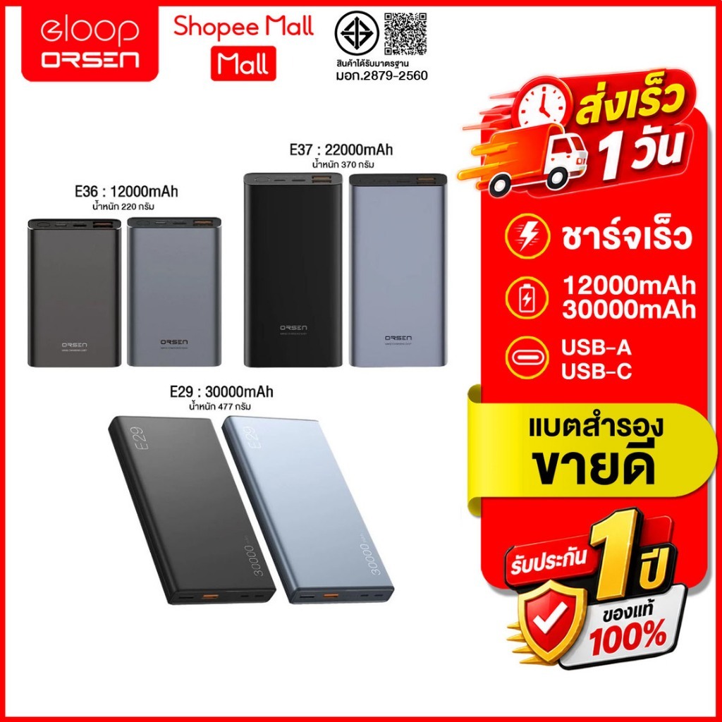 (ถูกสุด ส่งไว) Orsen by eloop Powerbank E36 12000mah / E37 22000mah  / E29 30000mah สินค้าของแท้100%