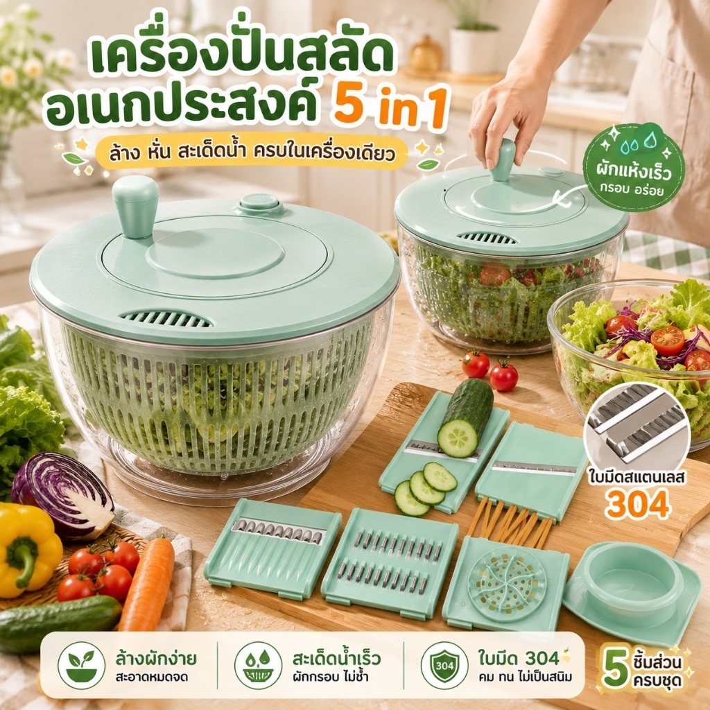 2in1 ตะกร้าล้างผัก กะละมังล้างผัก อุปกรณ์สปินเนอร์ สลัดสปินเนอร์ใสผัก เครื่องเป่าปินเนอร์ที่มีฝาปิด
