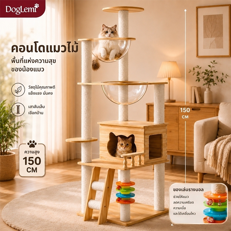 【Doglemi】คอนโดแมวไม้แท้ 150CM บ้านแมวขนาดใหญ่ โดมใส เสาลับเล็บ ของเล่นแมว ปีนเล่น นอนพัก แข็งแรง สำหรับแมวหลายตัว