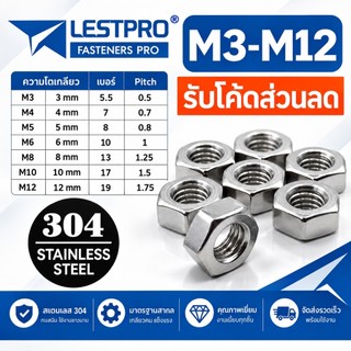 หัวน็อต ตัวเมีย หกเหลี่ยม สแตนเลส เกลียวมิล หยาบ M3 M4 M5 M6 M8 M10 M12 / Hexagon Nut Stainless Steel DIN934