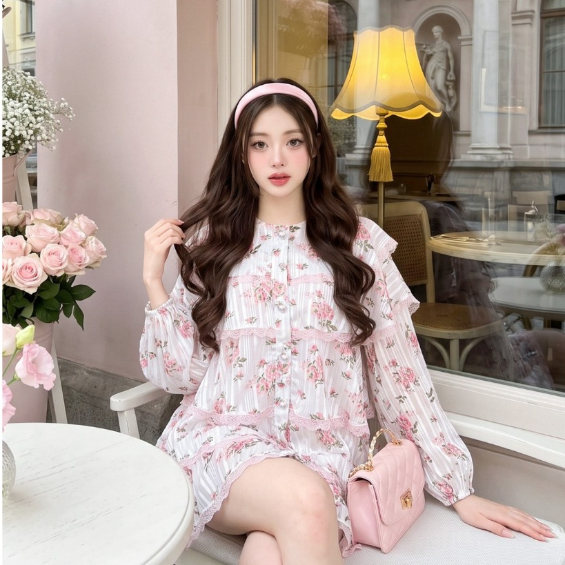 (มีถึง3XL) Maria Diamond สีชมพู Chim Rak Dress เดรสทรงปล่อยผ้าชีฟองพิมพ์ลาย กระดุมหน้า แขนยาว มีซับใน