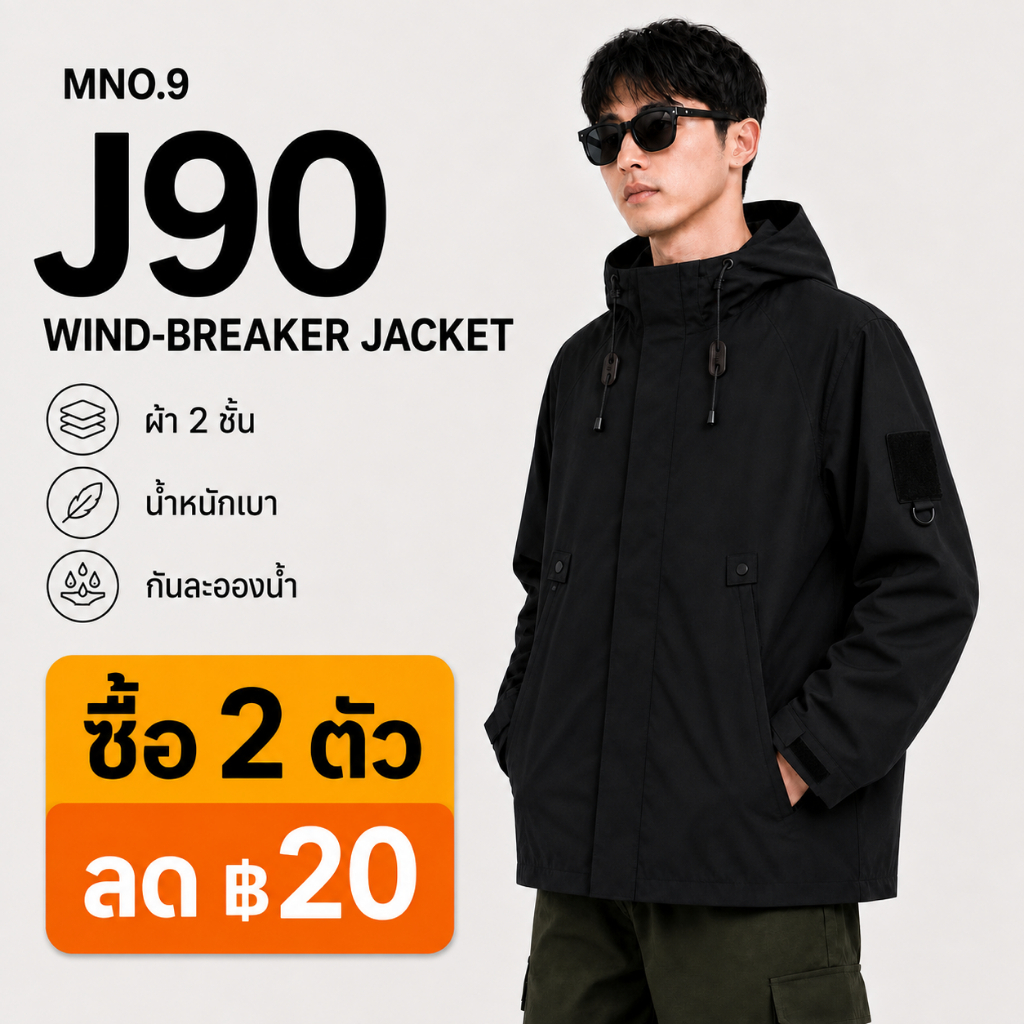 MNO.9 J90 แจ็คเก็ตกันลมผ้าร่ม Unisex มีฮู้ด ผ้า 2 ชั้น น้ำหนักเบา ซิปซ่อน ปรับชายเสื้อได้
