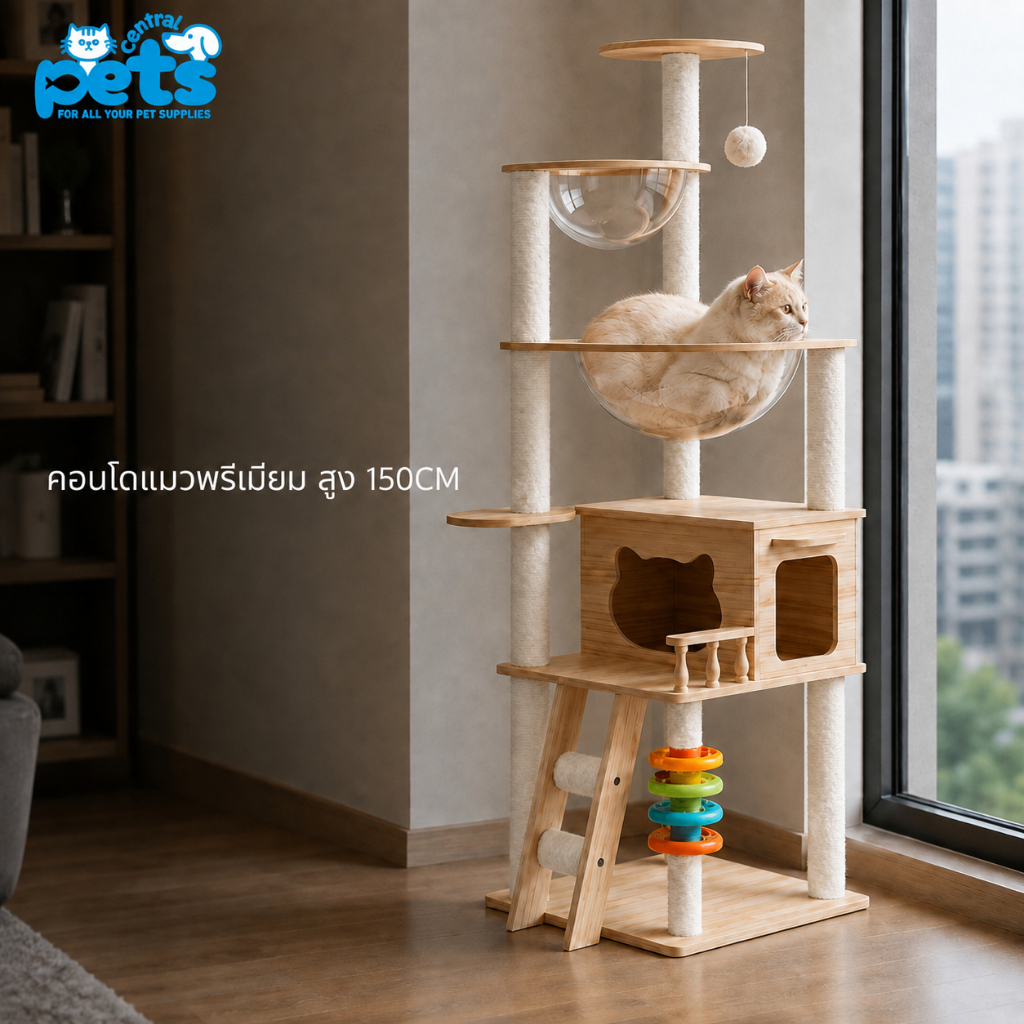 Petcentral คอนโดแมวไม้ N17 สูง 150cm Cat Tree หลุมอวกาศสีชา 2 หลุม กล่องนอน แท่นนอน รางบอล ของเล่นแมว