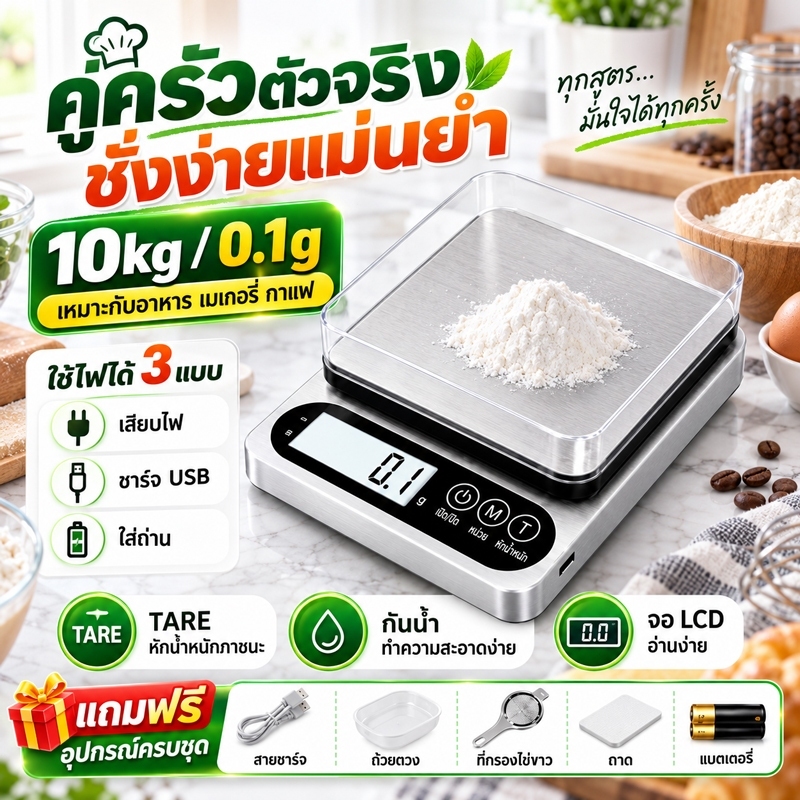 ตาชั่งดิจิตอล เครื่องชั่งดิจิตอล 10kg/0.1g เครื่องชั่งอาหาร ตาชั่งครัว กิโลดิจิตอล ใช้ไฟได้ 3 แบบ ชาร์จ USB ใส่ถ่าน Tare