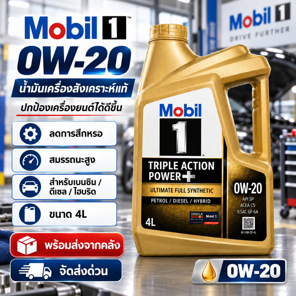 MOBIL 1 น้ำมันเครื่องเบนซิน โมบิล MOBIL 1 0W-20 Triple Action Power+ สังเคราะห์แท้ 100% เลือกขนาด 4 