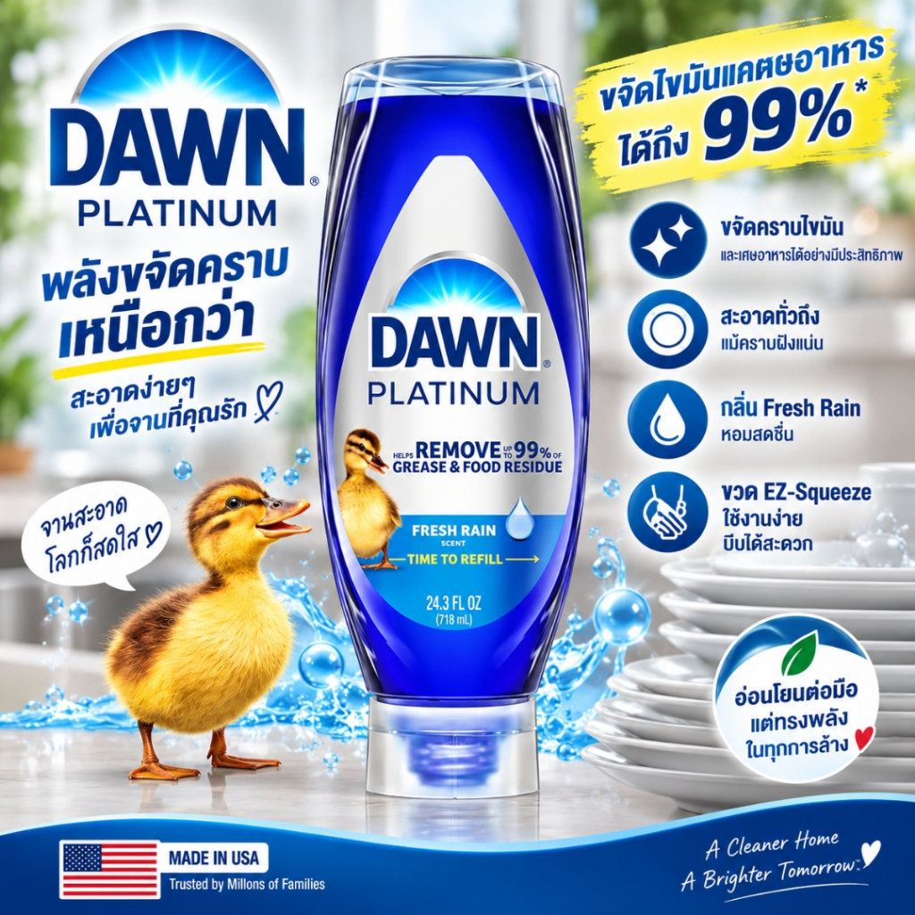 เข้า🇺🇸 ✨ Dawn EZ-Squeeze Platinum Liquid Dish Soap, Fresh Rain Scent 24.3 fl. oz. (718 ml)  พลังขจัด