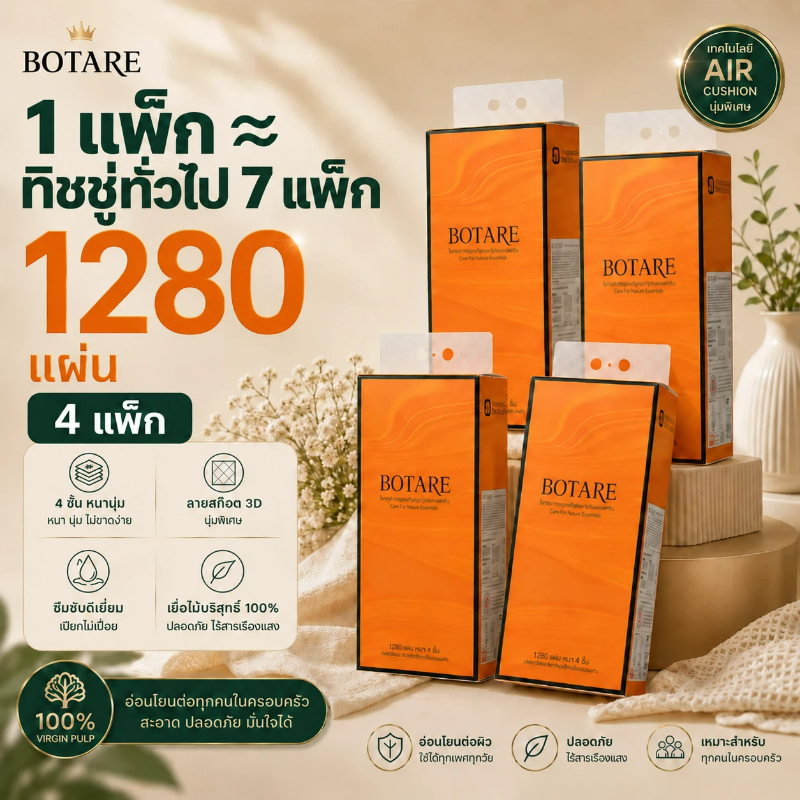 【4 / 8 แพ็ค】Botare Air-cushion กระดาษทิชชู ขนาดใหญ่พิเศษ สัมผัสนุ่ม หรูหรา หนา 4 ชั้น 175 x 175 มม.