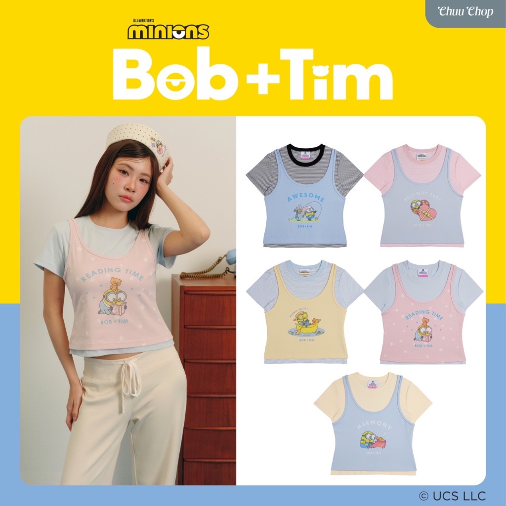 CHUUCHOP | S-6XL | Minions Giggle Tee เสื้อเลเยอร์ 2 ชิ้น เสื้อยืดพร้อมเสื้อกล้าม แยกใส่ได้ สกรีนลายมินเนี่ยน (CM005)