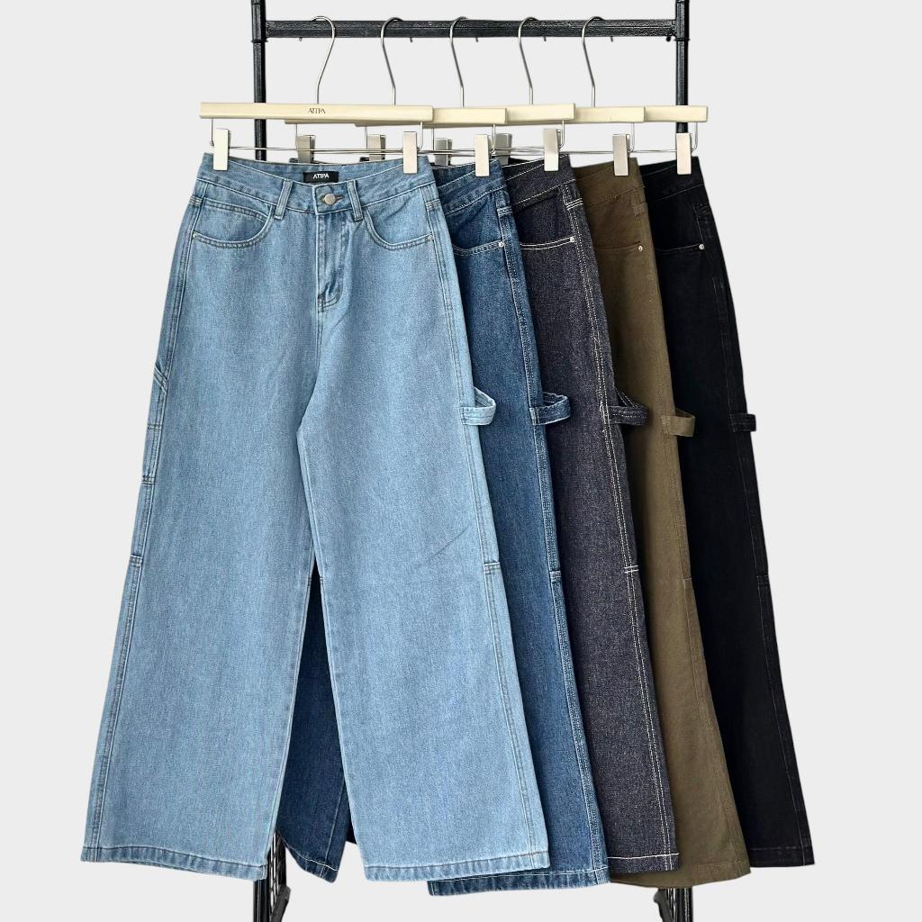 Atipashop - Amber Loop Jeans (#A063) กางเกงยีนส์ขายาว ทรงขากระบอกใหญ่ เอวสูง สไตล์คาร์เพนเตอร์ เดินด้ายตะเข็บคู่ตัดสี