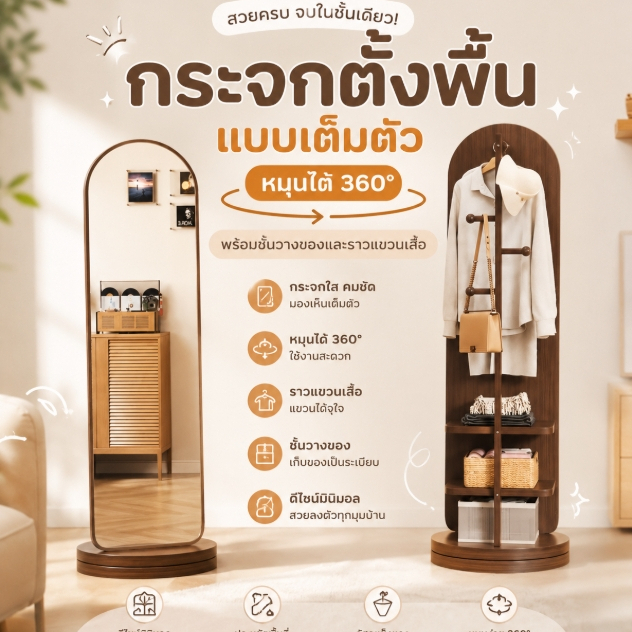 alive2022 กระจกตั้งพื้น แบบเต็มตัว หมุนได้360 ํพร้อมชั้นวางของและราวแขวนเสื้อ e 998 e 999