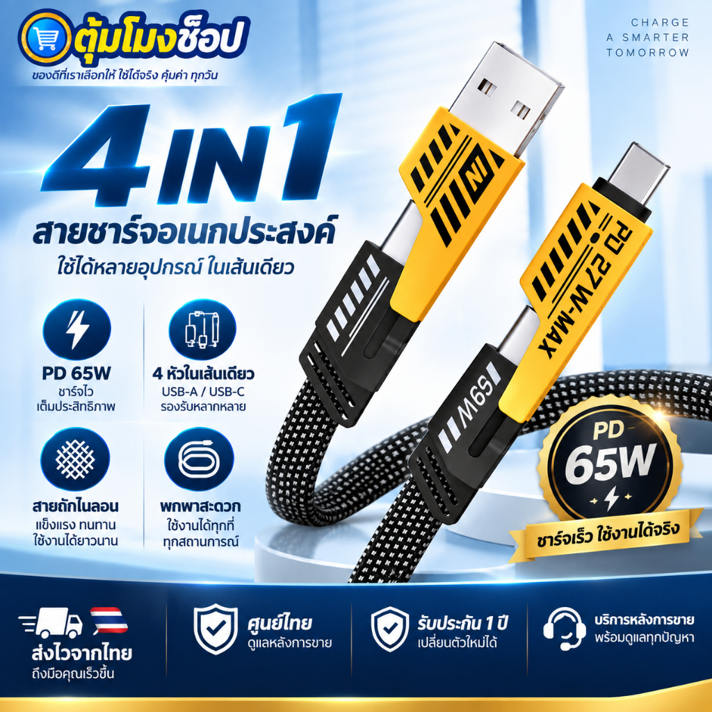 สายชาร์จเร็ว type c 4in1 ชาร์จเร็วสูงสุด 65W สายถัก USB A , Type C , Lightning สายชาร์จ