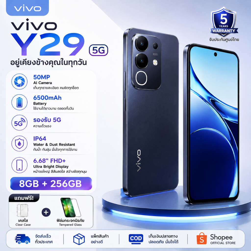 vivo Y29 4G (8+256GB) สมาร์ทโฟน หน้าจอ 120Hz แบตเตอรี่ 6500mAh ชาร์จไว 44W อุปกรณ์แท้