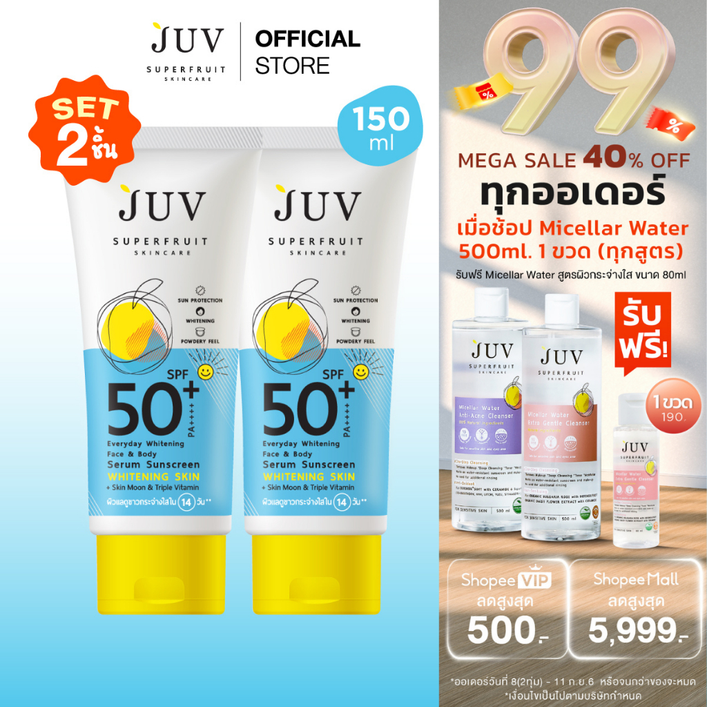 [ Set 2 ชิ้น ] กันแดดเนื้อแป้ง Juv Everyday Whitening Face & Body Serum Sunscreen SPF 50+ PA++++ 150 ml.