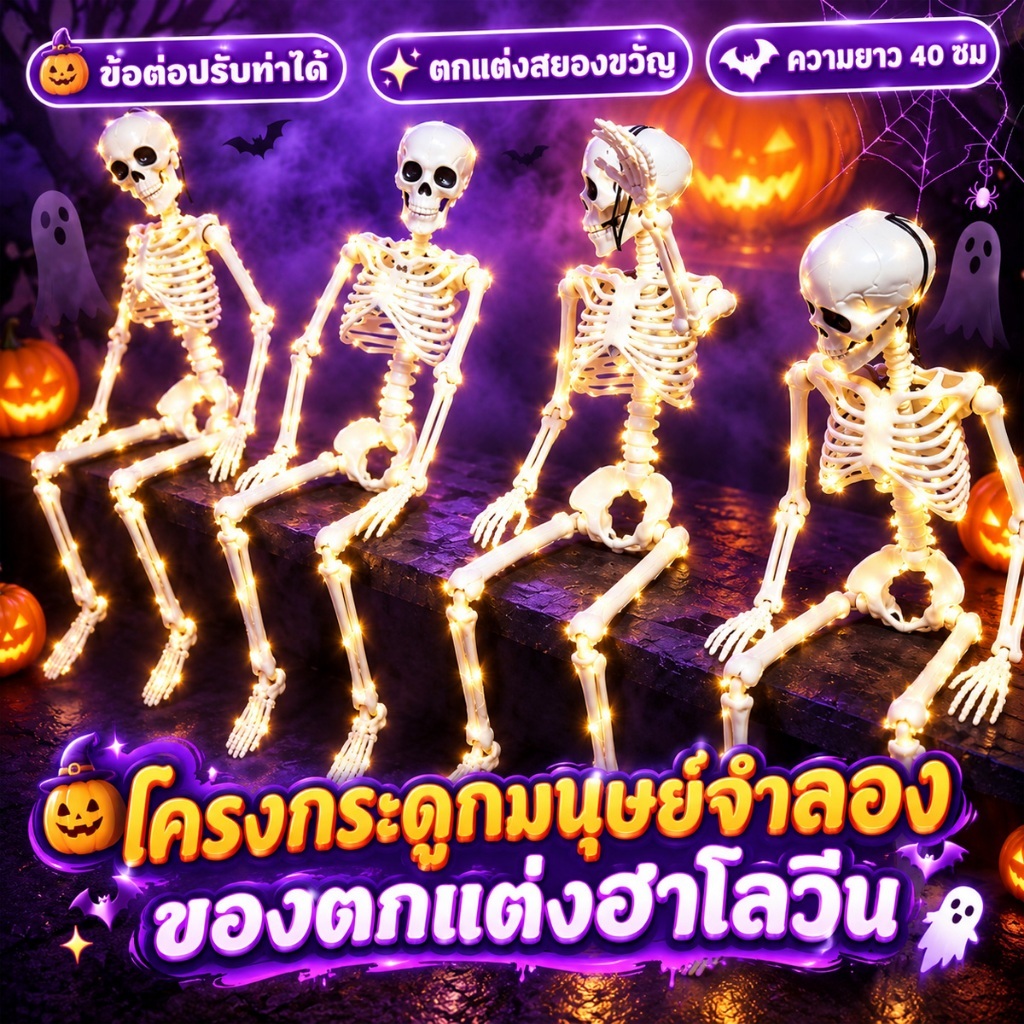 💀วันฮาโลวีน โครงกระดูก🎃โครงกระดูกปลอม ขนาด 40cm ข้อต่อที่เคลื่อนย้ายได้ พร้อมไฟ LED ของตกแต่งฮาโลวีน บ้านผีสิง ผีปลอม