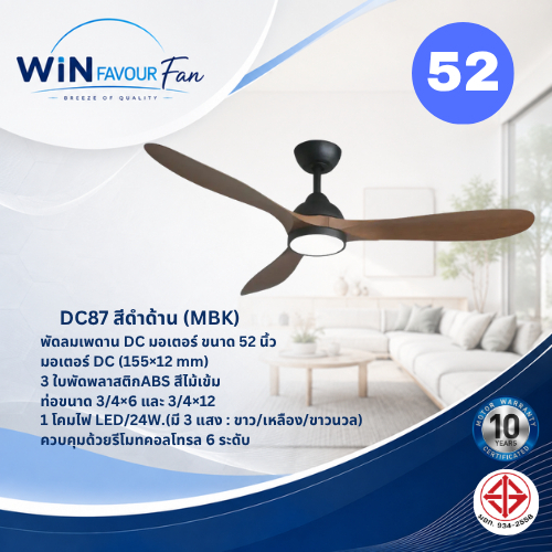 ส่งฟรี WIN FAVOUR พัดลมโคมไฟเพดาน รุ่น DC87 52 นิ้ว DC Motor ใบพัด ABS 3 ใบ โคมไฟ LED 24W รีโมท 6 ระ