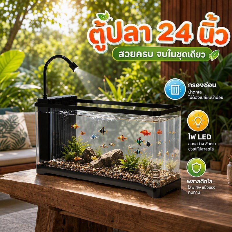 ตู้ปลา 24นิ้ว ตู้เลี้ยงปลา พลาสติกใส ความใสสูง กรองซ่อน น้ำตกใส ไฟLED ตั้งโต๊ะ ชุดตกแต่งครบ