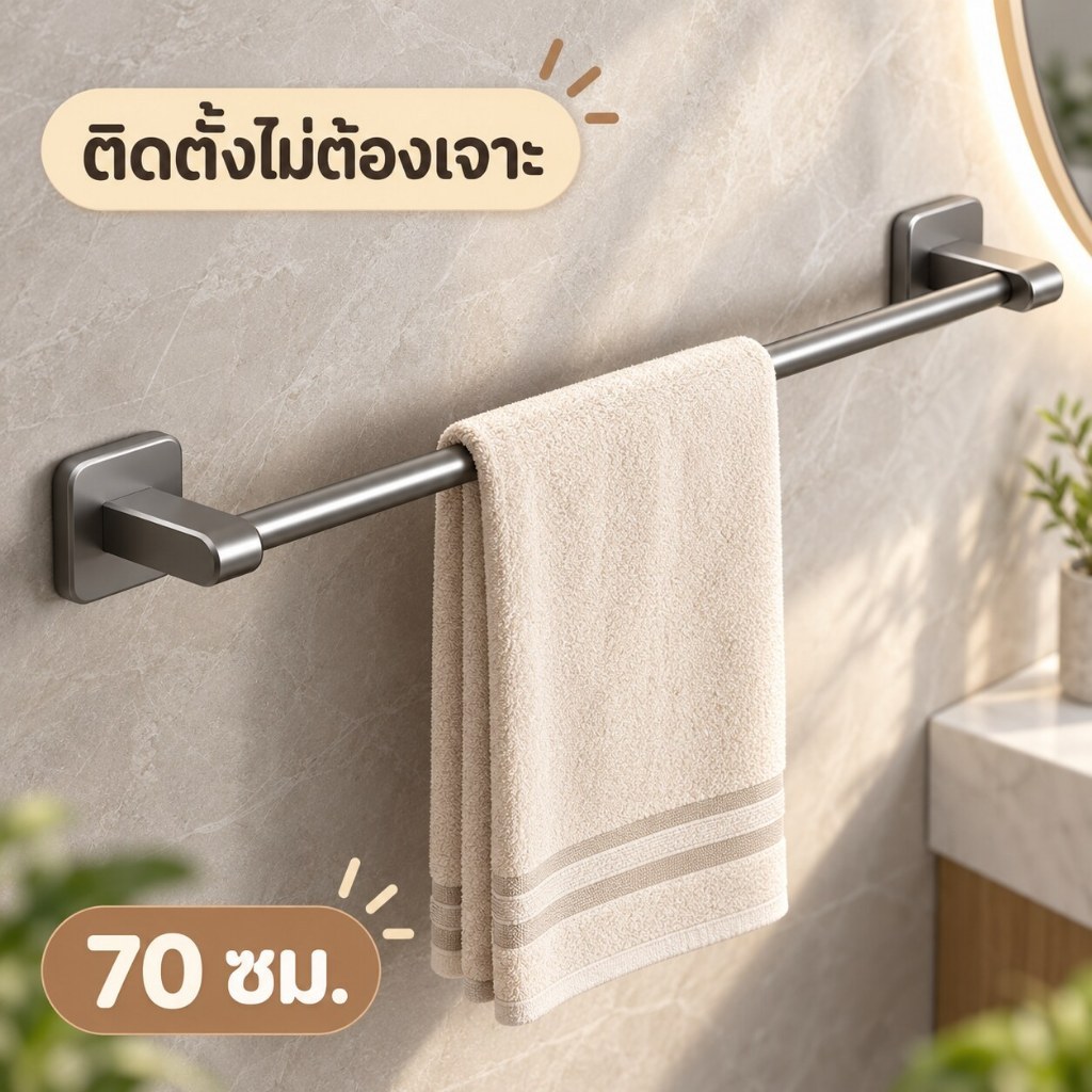 ราวแขวนผ้า เหล็กคาร์บอน+ABS ติดผนังไม่ต้องเจาะ 70 ซม. สีเทาปืน Towel Bar