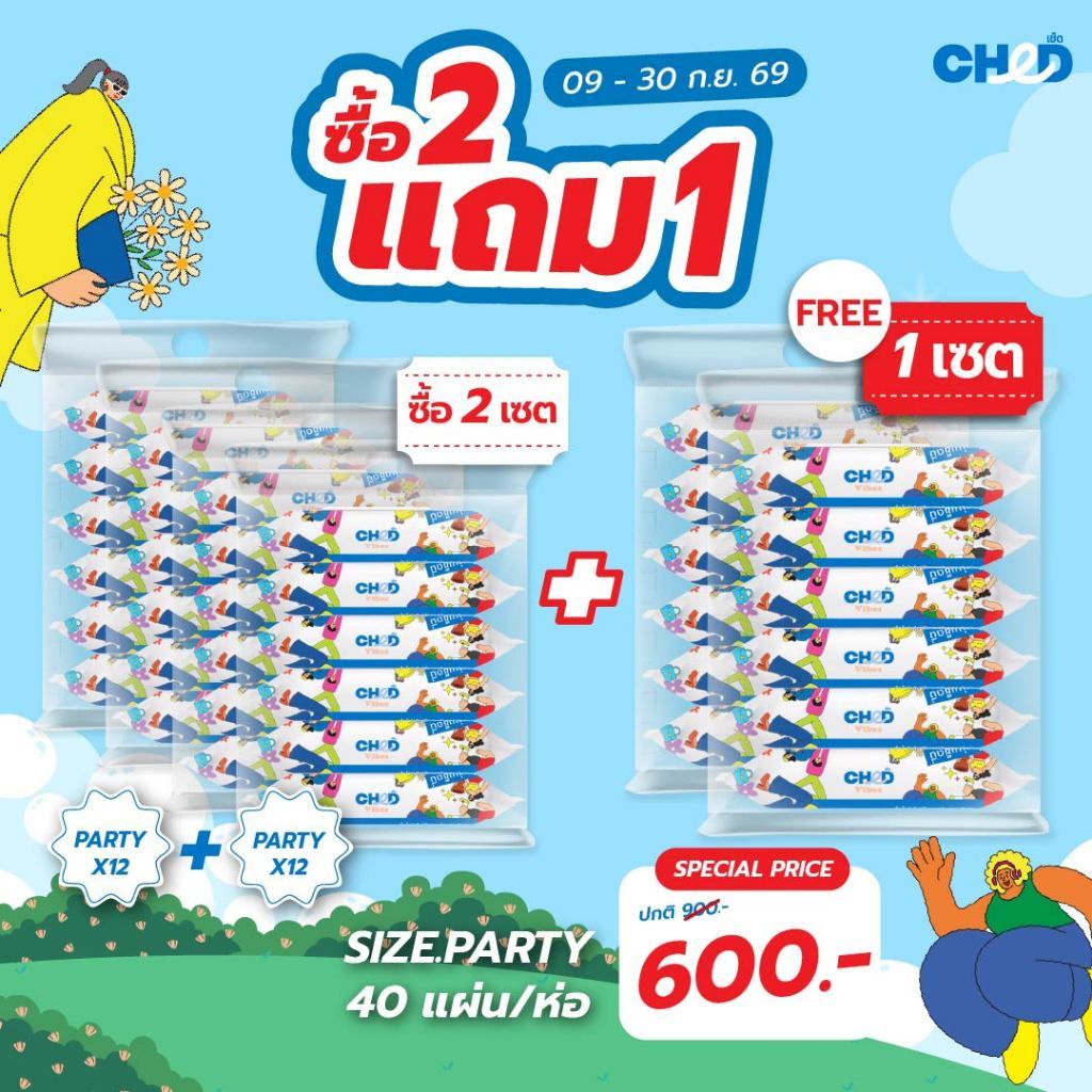 CHED Vibes (ยกโหล 12 ห่อ) Size.Party Hygienic Wipes ทิชชู่เปียก สูตรน้ำบริสุทธิ์ แพ็ก 40 แผ่น/ห่อ
