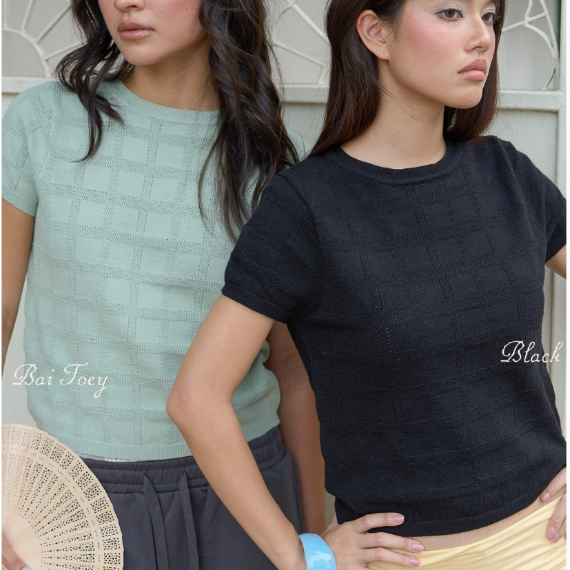 CUPPA - MEMO knit Tee (5สี) เสื้อยืดไหมพรม แขนสั้น คอกลม ทรงพอดีตัว ดีเทลลายตาราง