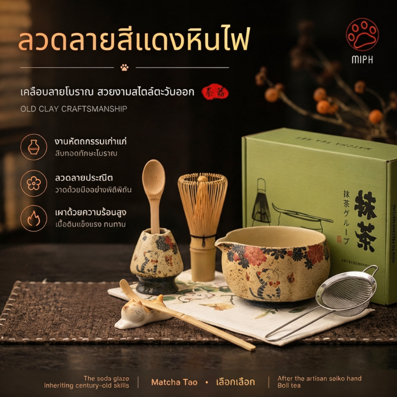 MIPH ชามชงมัทฉะเซรามิก Matcha Bowl มีปากริน ลายแมวสไตล์ญี่ปุ่น พร้อมกล่องของขวัญ