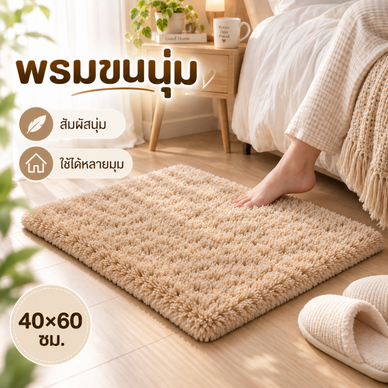 พรมเช็ดเท้า พรมปูพื้น 40x60 ซม. ขนนุ่ม สัมผัสสบายเท้า กันลื่น พับเก็บง่าย สำหรับห้องนอน ห้องน้ำ ห้องครัว 2 สี