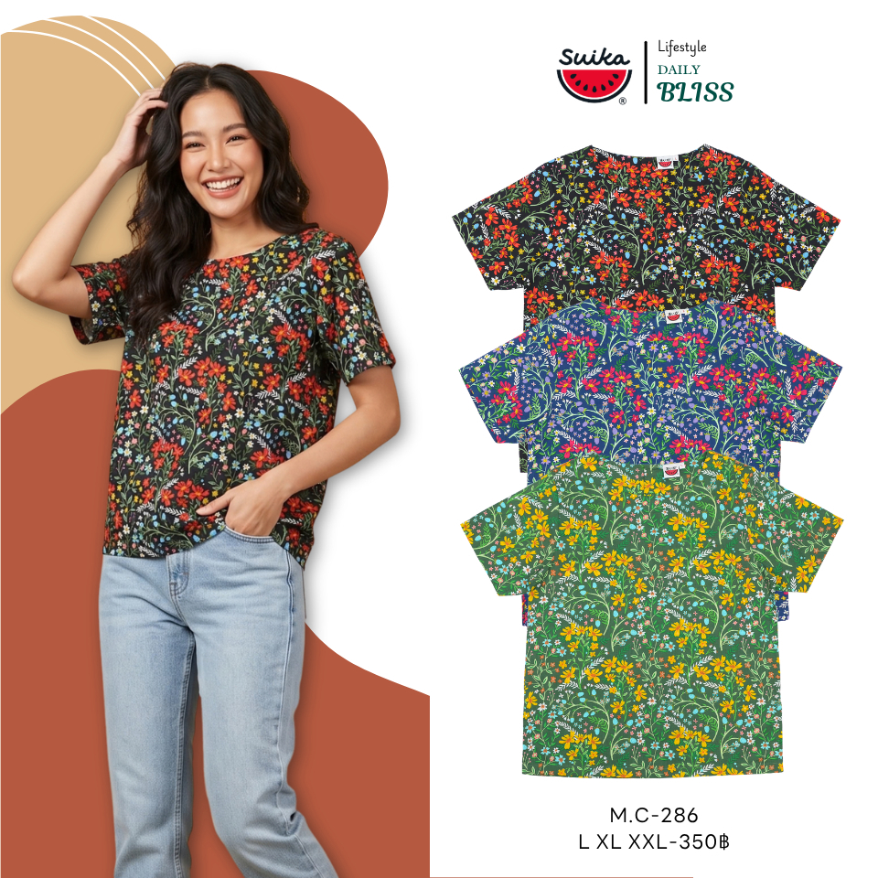 เสื้อแตงโม (SUIKA) - เสื้อผ้าป่านมัสลิน คอปาดกระดุมหลัง 3 เม็ด แขนสั้น ลายดอกไม้ (M.C-286 337 510)