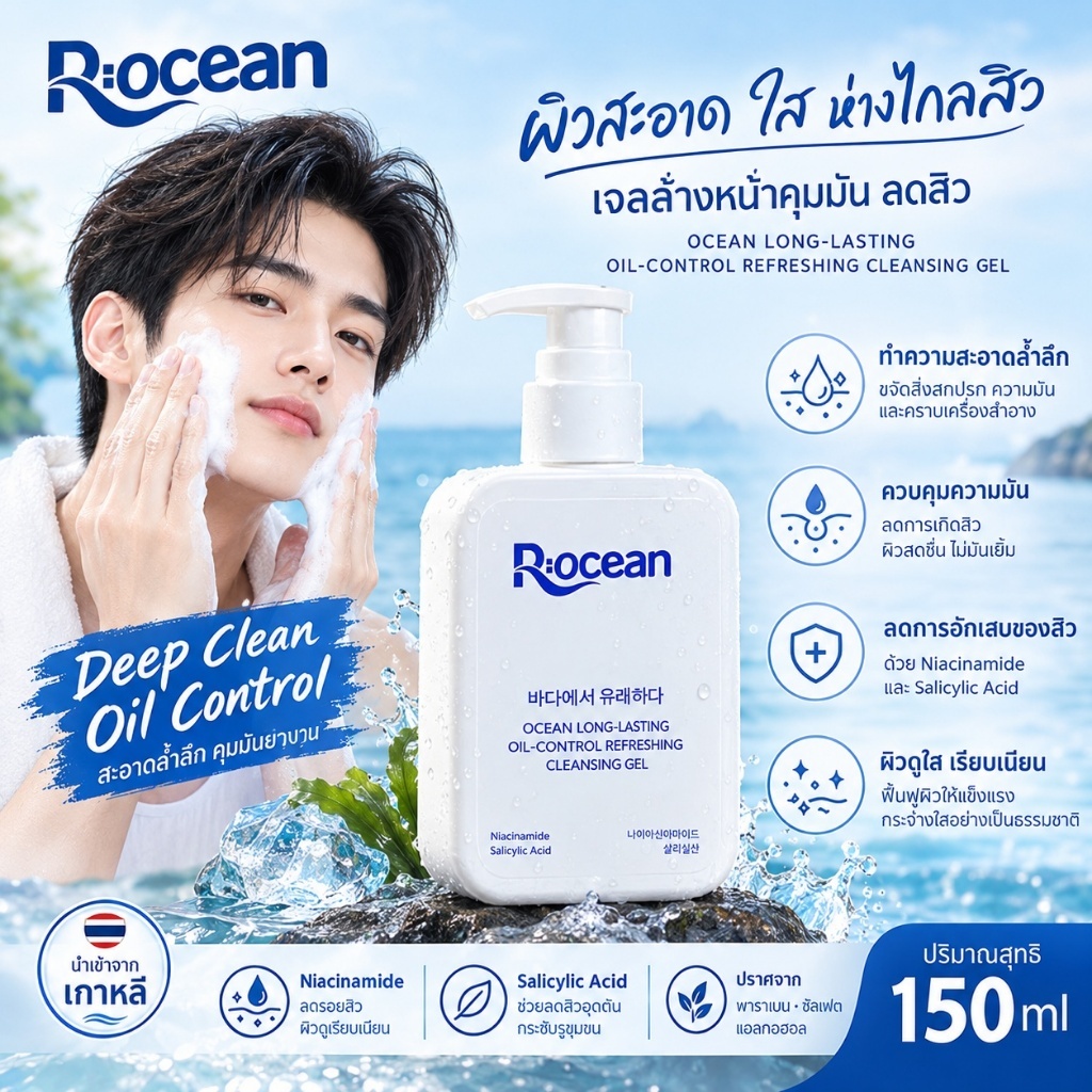 ROCEAN Facial wash เจลล้างหน้าควบคุมความมัน 150ml ลดสิวอุดตัน สิวอักเสบ ลดรอยสิว ผลิตภัณฑ์ล้างหน้าผิวมัน