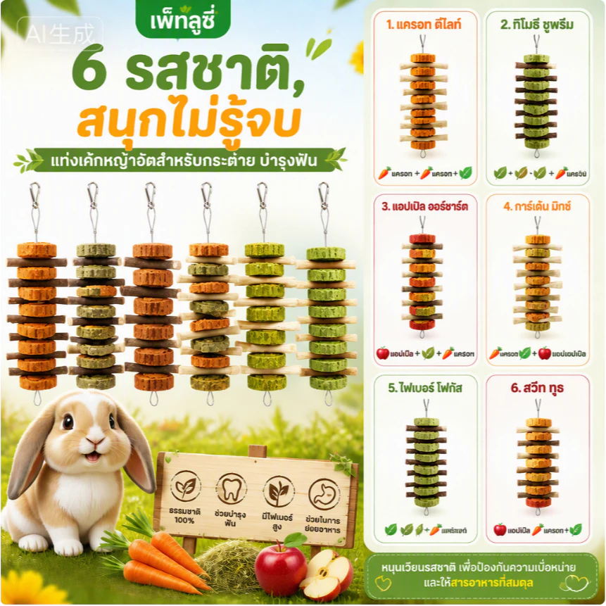 PETLUSCI🐰🐹โมบายคุ้กกี้ ของเล่นกระต่าย 6 แบบ ไม้แอปเปิ้ล ไผ่หวาน หญ้าอัดแท่ง หมดปัญหาฟันยาว