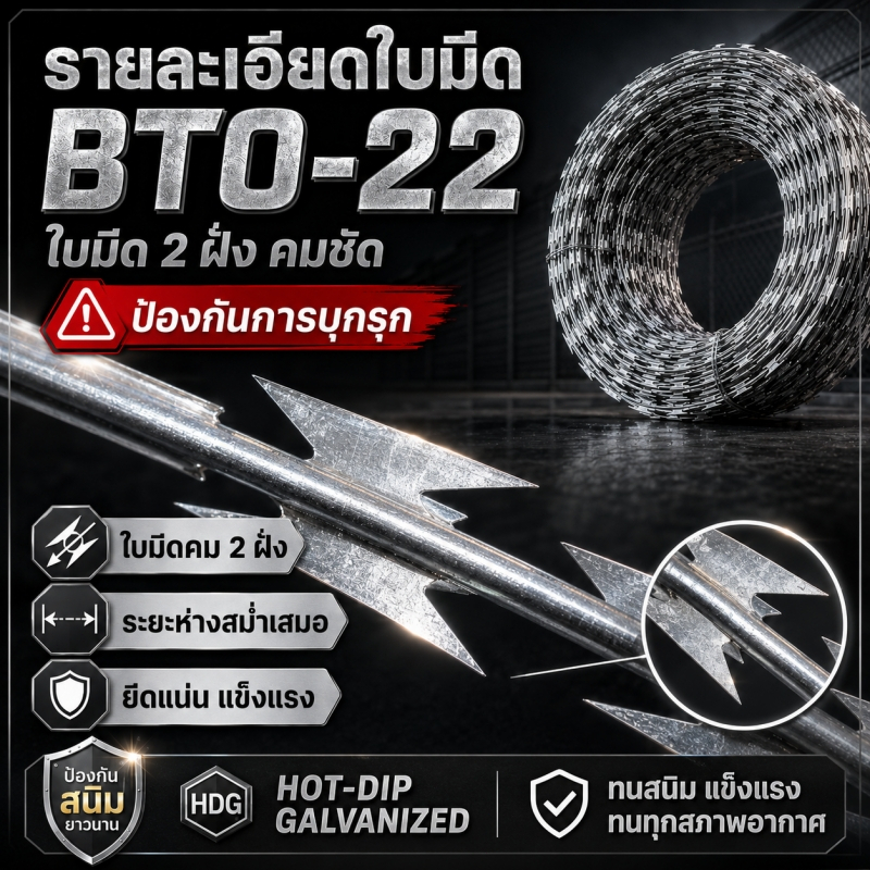 ทนสนิม!ยาว10m ลวดหนามหีบเพลง ขนาดเส้นผ่านศูนย์กลาง30-90cm BTO-22Hot Dipped Galvanized Razor Barbed Wire
