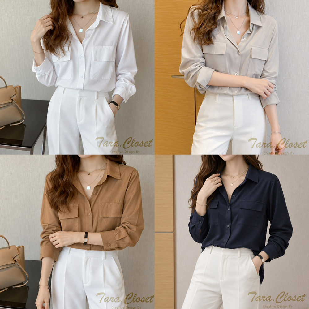 PR002 TARA Shirt เสื้อเชิ้ตทำงาน แขนยาว กระเป๋าคู่ กระดุมหน้า ผ้าปารีส ผ้าดี ใส่สบาย