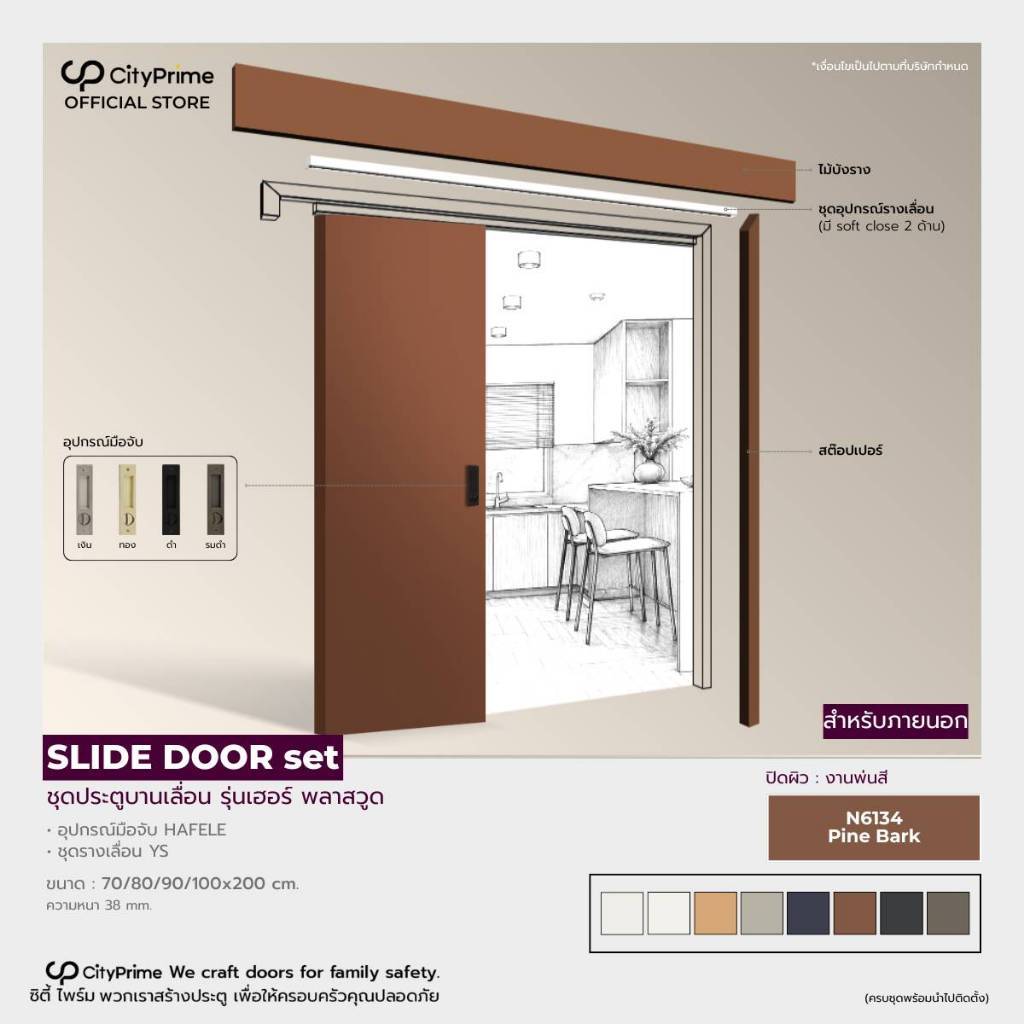 SET.ประตูภายนอก ชุดเซ็ตบานเลื่อนเดี่ยวรางบน ประตูHER's2 PLASTWOOD พ่นสีT0A.N6134 +อุปกรณ์ชุดรางครบชุ