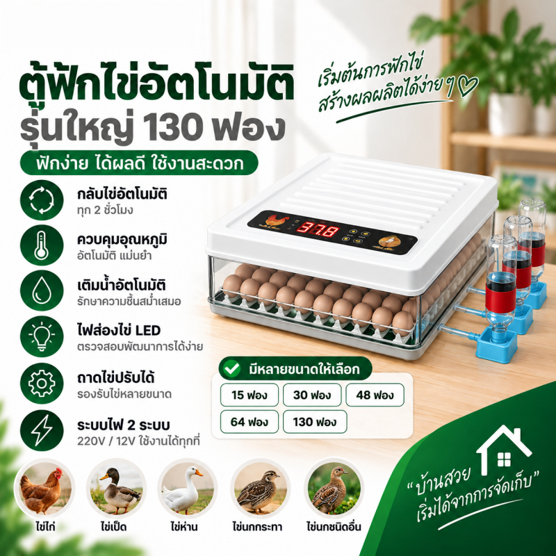 เครื่องฟักไข่อัตโนมัติ 130 ฟอง ตู้ฟักไข่ กลับไข่อัตโนมัติ คุมอุณหภูมิ 220V/12V ฟักไข่ไก่ เป็ด ห่าน น