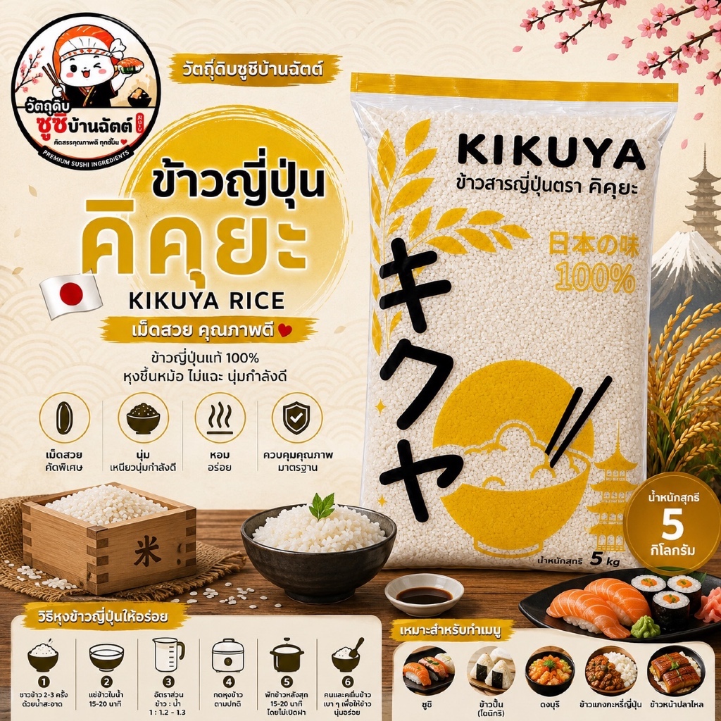 ข้าวญี่ปุ่นแท้ 100% คิคุยะ  KIKUYA 5 กิโลกรัม  สำหรับซูชิ ข้าวปั้น ข้าวด้ง คุณภาพพรีเมียม เมล็ดสวย นุ่ม อร่อย