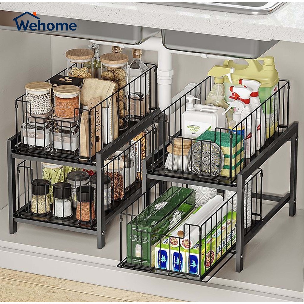 Wehome ชั้นเก็บเครื่องปรุง แบบรางเลื่อน 2ชั้น ใช้ได้ทั้งห้องครัวและห้องน้ำ ใช้ในตู้/บนเคาน์เตอร์