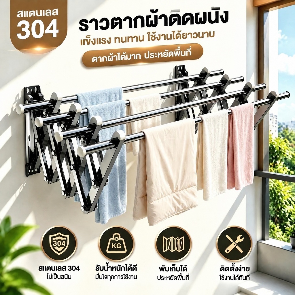 ราวตากผ้าติดผนัง สแตนเลส 304 กันสนิม ยืดหดและพับเก็บได้ รับน้ำหนักสูงสุด 300 กก. แขวนผ้าได้ถึง 60 ตัว