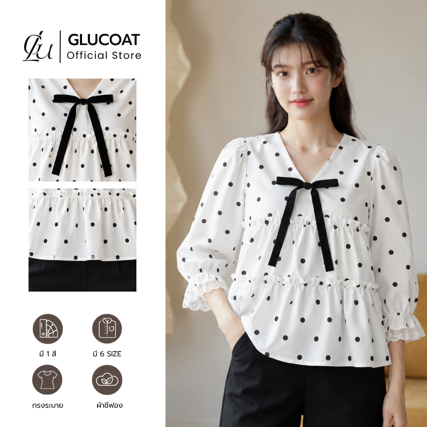 Glucoat | [B147] เสื้อคอวีเเขนยาวสีขาว แตงลายจุดสีดำ พร้อมเข็มกลัดโบว์ ซิปหลังยาว
