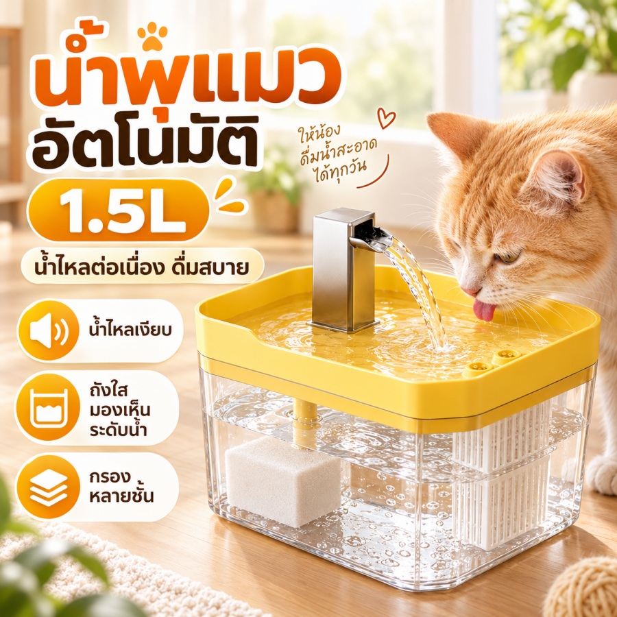 น้ำพุแมวอัตโนมัติ 1.5L เครื่องให้น้ำสัตว์เลี้ยง ปั๊มเงียบ น้ำไหลเวียน ไส้กรองหลายชั้น ป้องกันปั๊มแห้ง