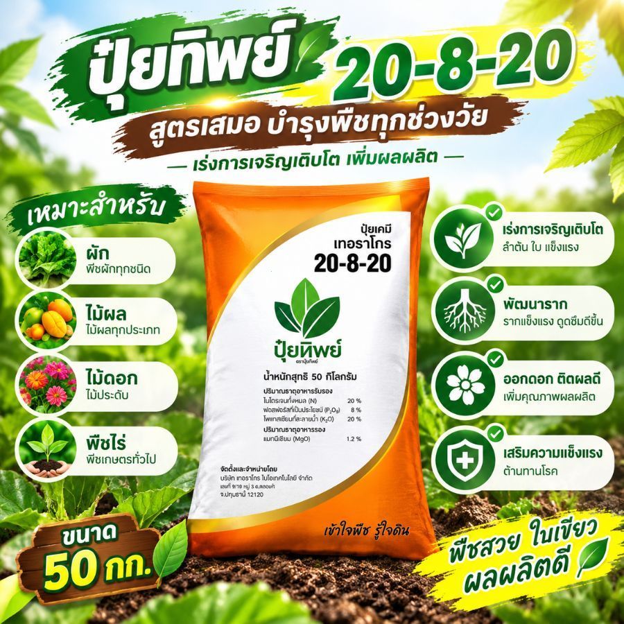 ปุ๋ย 20-8-20 ปุ๋ยเคมี ปุ๋ยบำรุงพืช สูตร 20-8-20 สำหรับผัก ไม้ผล ไม้ดอก ไม้ประดับ ถุงเล็ก 500กรัม - 5