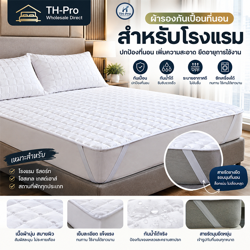 ผ้ารองกันเปื้อน​รัดมุม [กันน้ำกันรา100%]​ ผ้ารองกันเปื้อนที่นอนขนาด 3/3.5/5/6/7ฟุต ซักเครื่องได้ กันไรฝุ่น กันคราบ