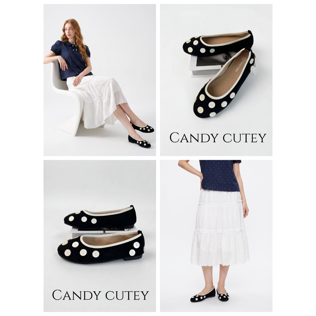 Candy Cutey รองเท้าคัทชูส้นแบน หัวกลม จุดตกแต่งเย็บด้วยด้าย ดีไซน์เก๋ พื้นในนุ่ม แมทซ์ทุกลุค ใส่สบาย