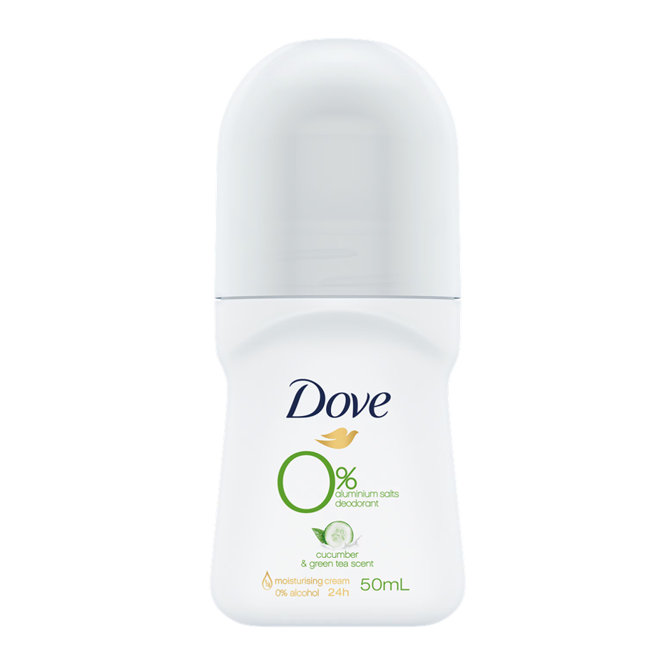 Dove 0% Aluminium Salts Deodorant Cucumber & Green Tea Scent 50ml. โดฟ ซีโร คูคัมเบอร์ กรีนที โรลออน สำหรับผิวแพ้ง่าย