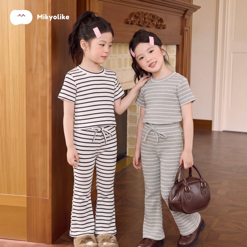 Mikyolike 2-12 ปี ชุดเด็กผู้หญิง สไตล์เกาหลี เสื้อยืดลายทาง+กางเกงขาม้าเด็กผู้หญิง แฟชั่นลำลอง เสื้อผ้าเด็กผู้หญิง