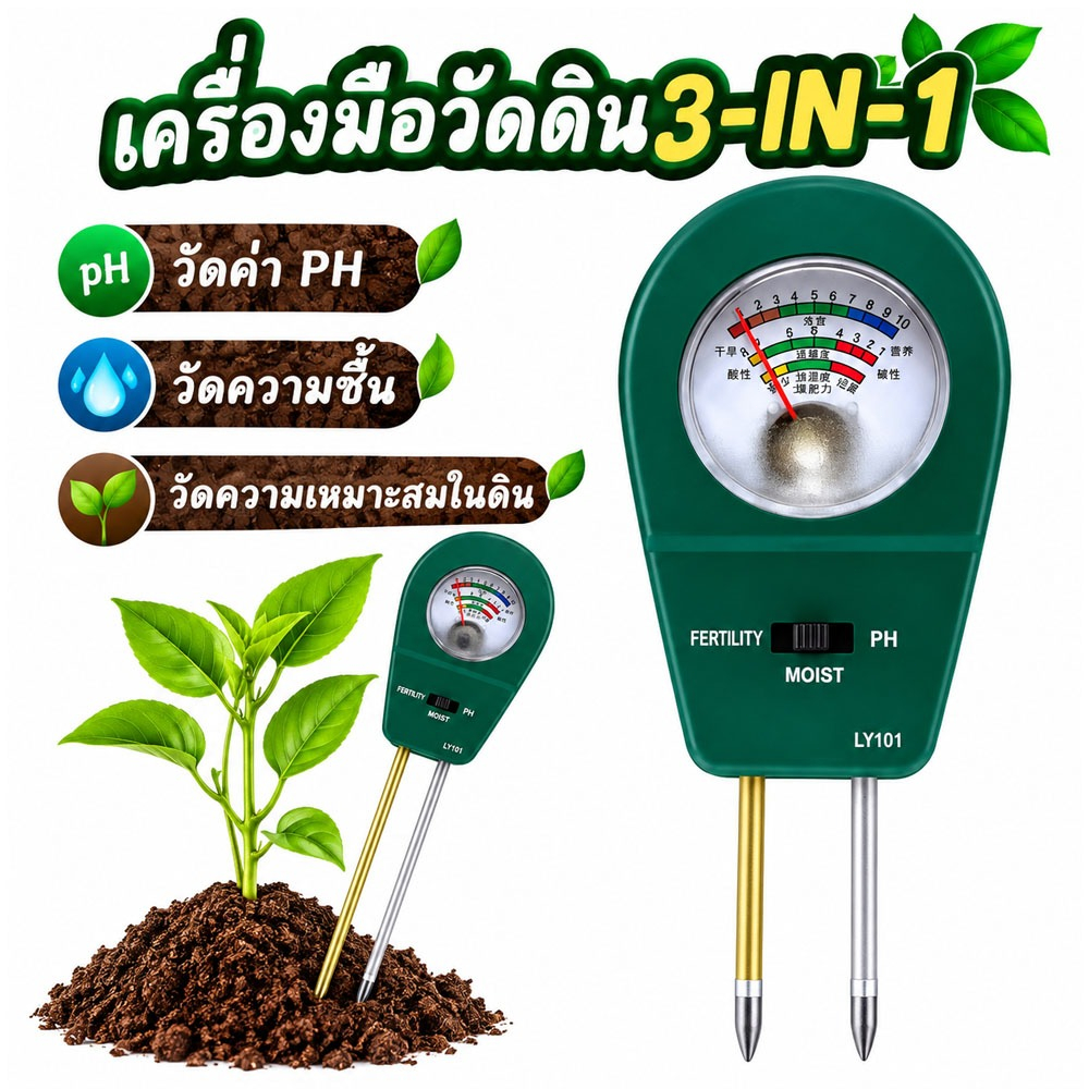 เครื่องมือวัดดิน3-in-1 วัดค่า PH วัดความชื้น วัดความเหมาะสมในดิน ชุดทดสอบดินสำหรับทำสวน ฟาร์ม และปลูกพืช ปลูกผลไม้