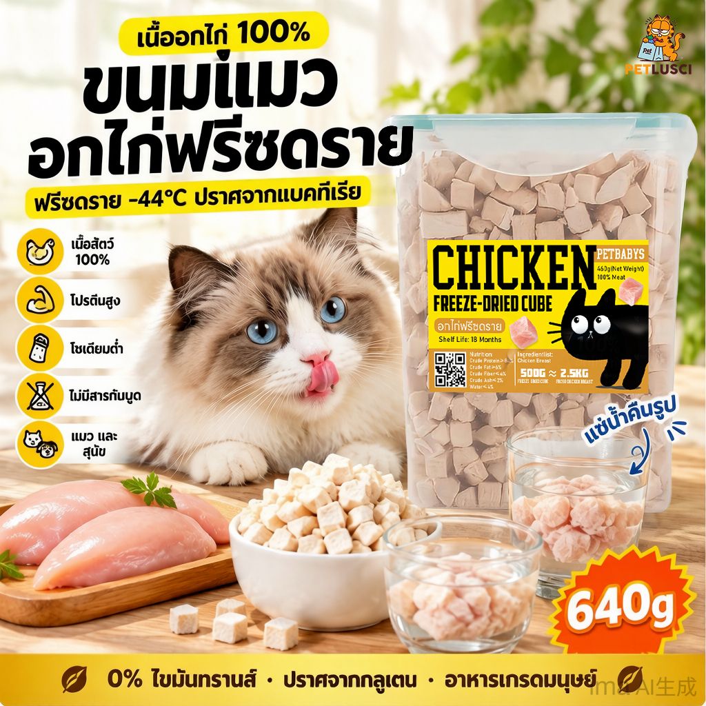 PETLUSCI อกไก่เต๋า อกไก่ฟรีซดราย ขนมแมว ฟรีซดรายแมว ขนมสุนัข ขนมฟรีซดราย ไก่ฟรีซดราย อาหารแมว