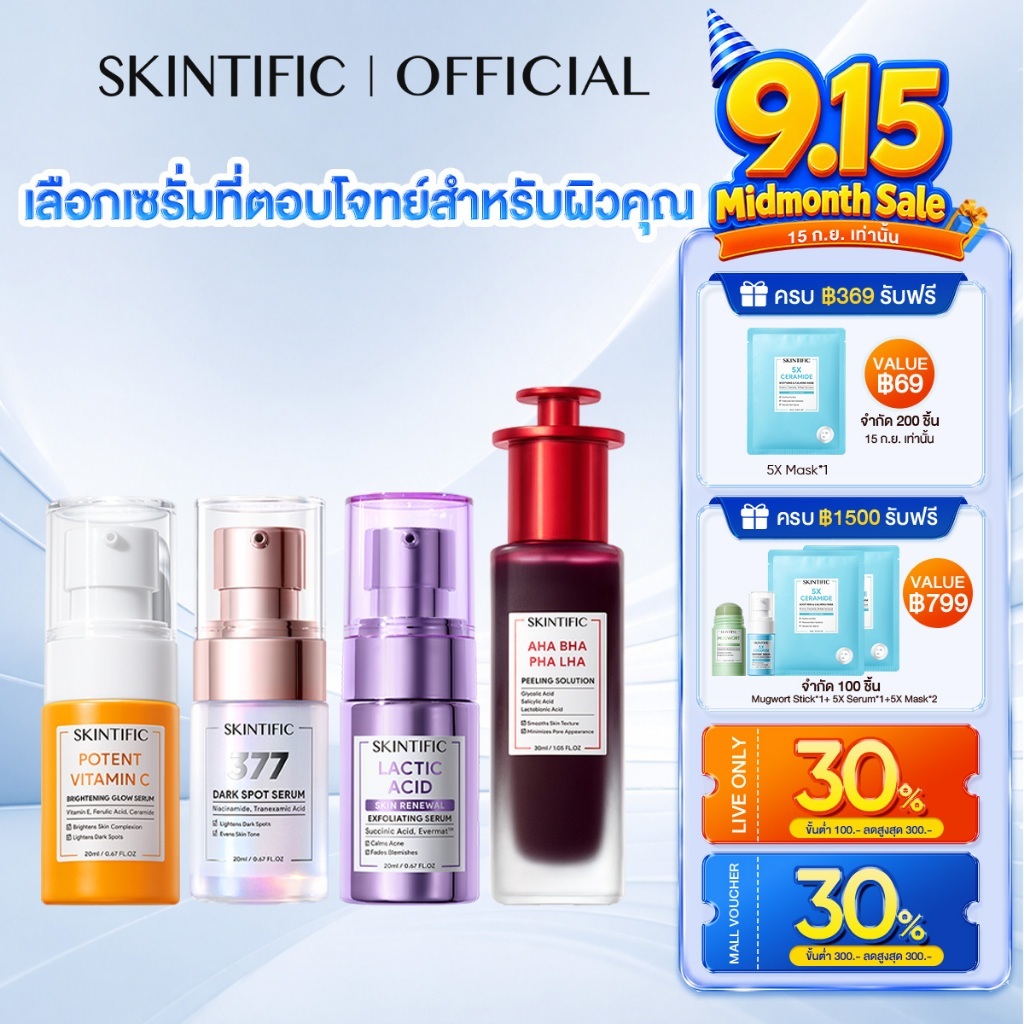 SKINTIFIC Serum essence เซรั่ม เซรั่มบำรุงผิวหน้า เซรั่มลดสิว ลดรอยสิว AHA BHA 377 ไนอาซินาไมด์ หน้า